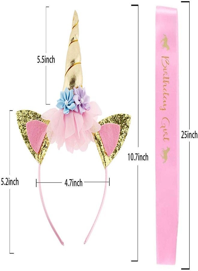 PATPAT 2pieces Unicorn Party Birthday Girls Set,include Headband and Pink Sash, 1 x Gold Glitter Unicorn Horn Headband, 1 x Pink Birthday Sash for Girls/Kid. - Image 3